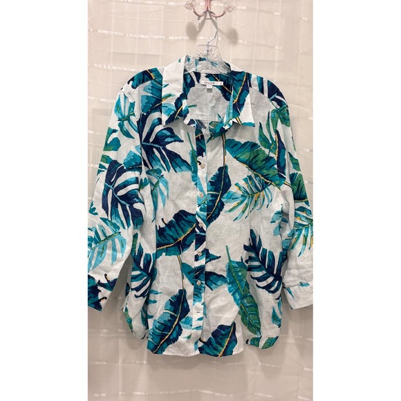 Chico's Tops - Chico's 100% Linen Tropical Leaf Print Button Down Shirt White Teal Blue Size 2